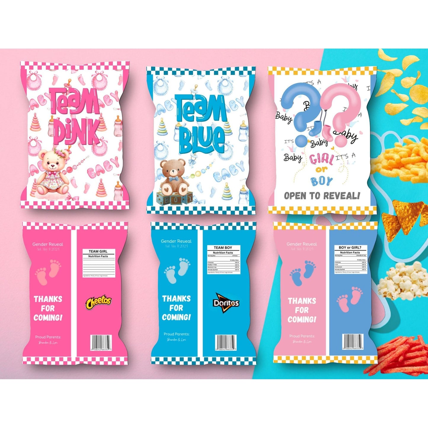 Canva Customizable Gender Reveal Chip Bags, Treat Bags