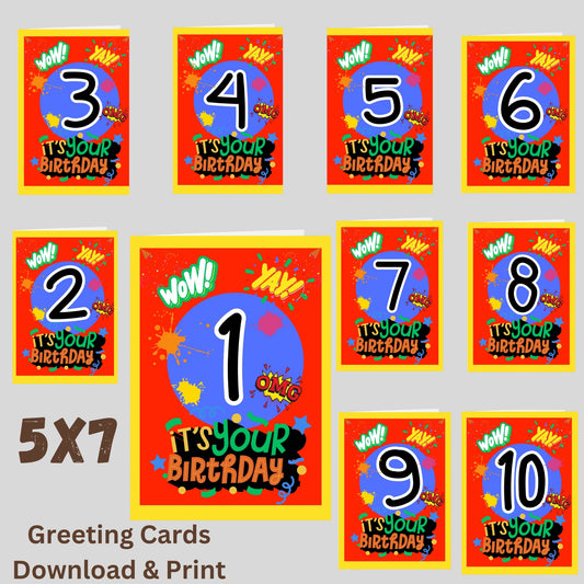 5x7 Happy Birthday, Numbered Card Ages 1-10 yrs