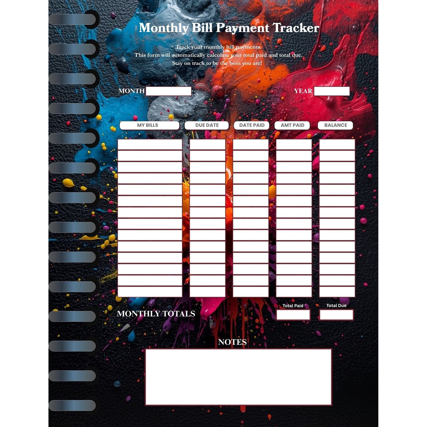 Single Page Fillable Monthly Bill Tracker with Reset Button |Android and iOS Compatible | Digital Budget Planner PDF