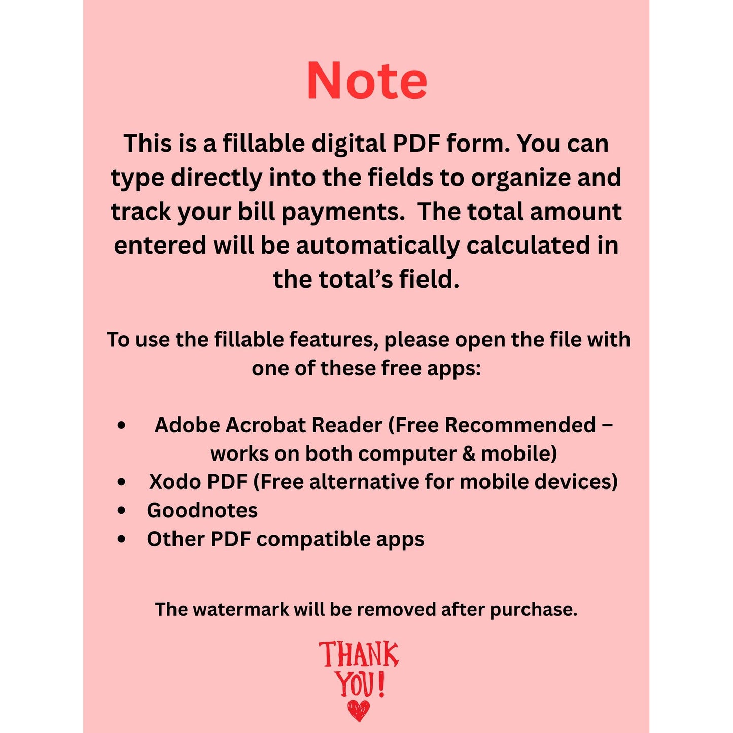 Monthly Fillable Single Page Bill Payment Tracker: Stay Organized & Stress-Free!