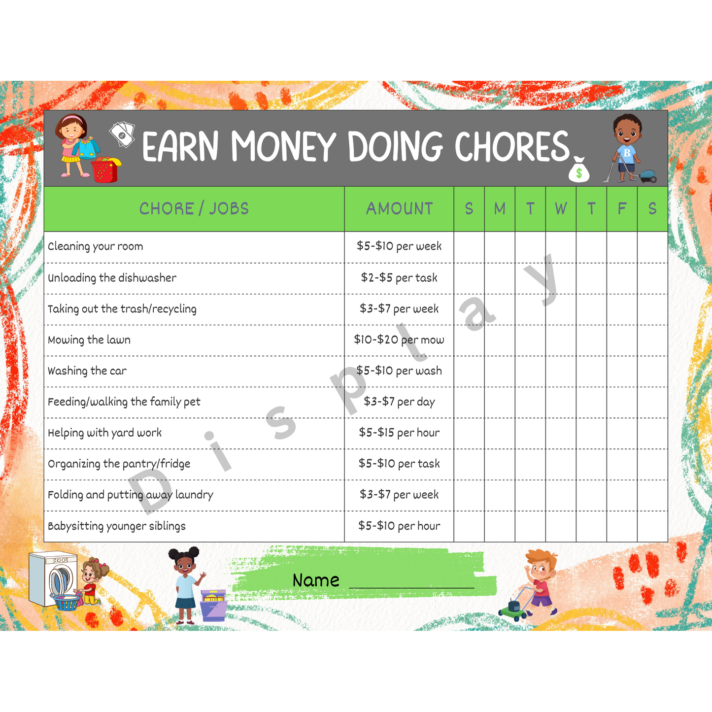 8.5x11 Single Page Kids Printable Chores List and BONUS Canva Customizable Template Included