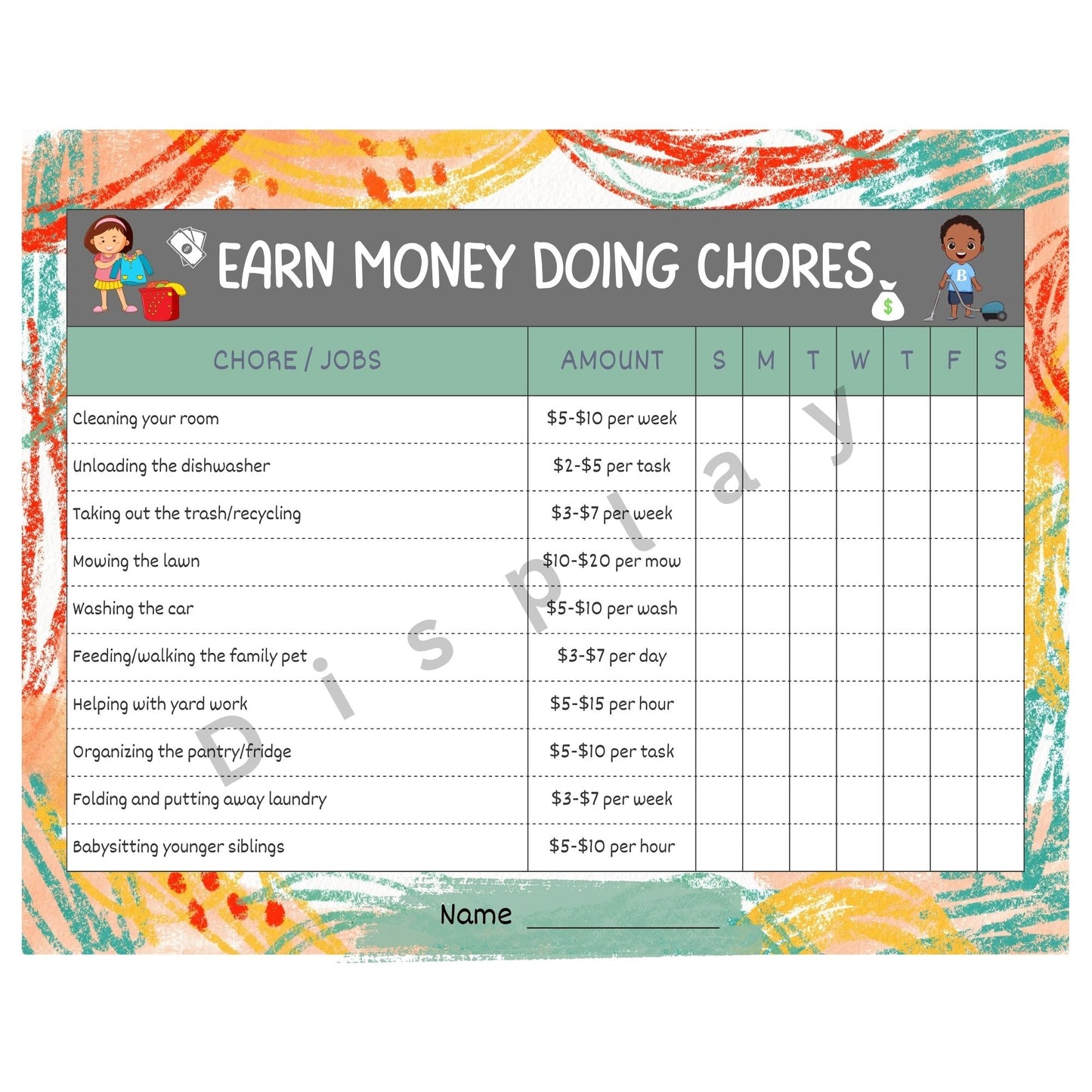 8.5x11 Single Page Kids Chores List